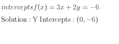 The intercepts of f(x)=3x+2y=-6 is Y Intercepts: (0,-6)